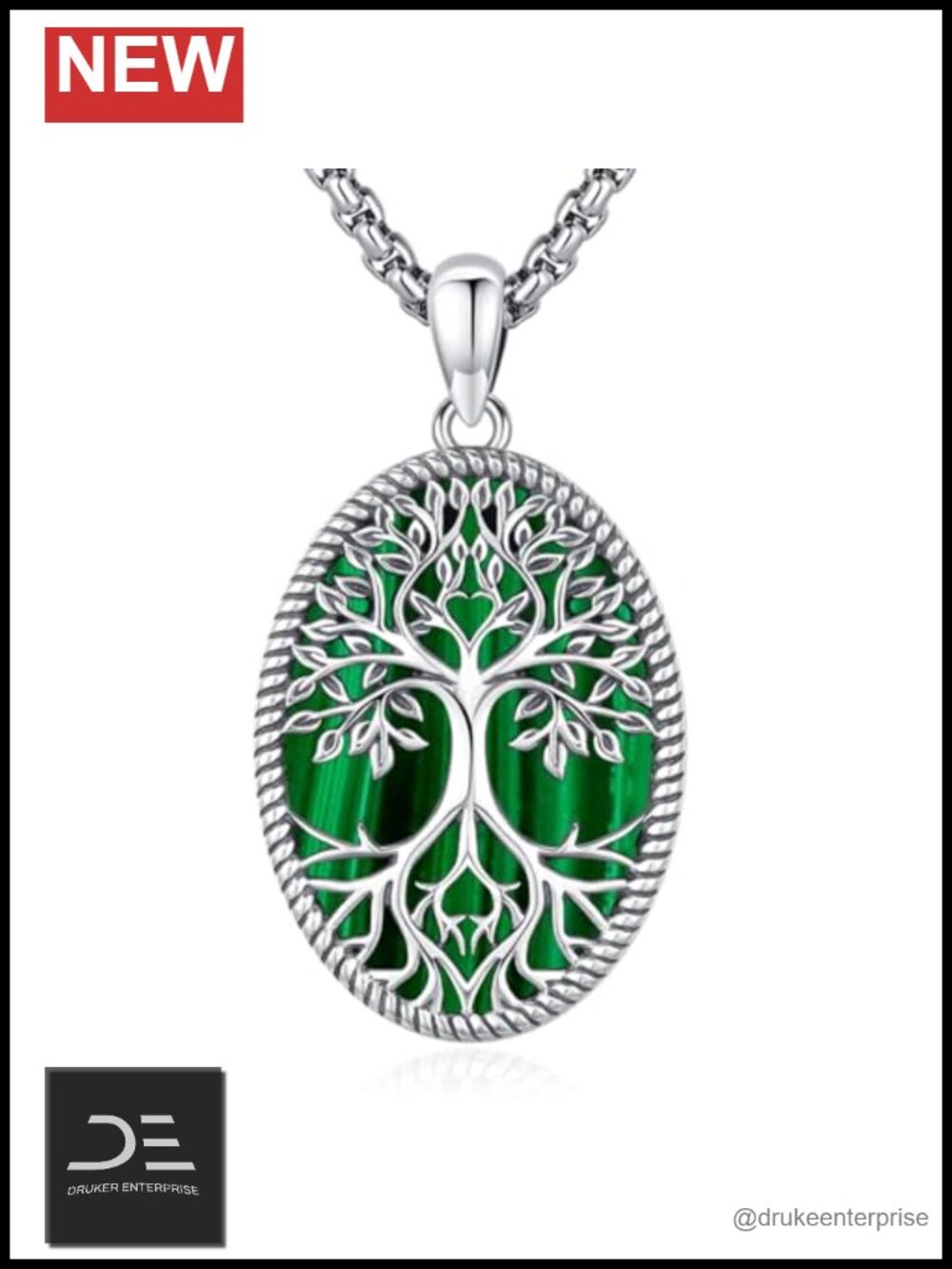 Tree of Life 925 Sterling Silver Pendant Necklace with Malachite, Urn